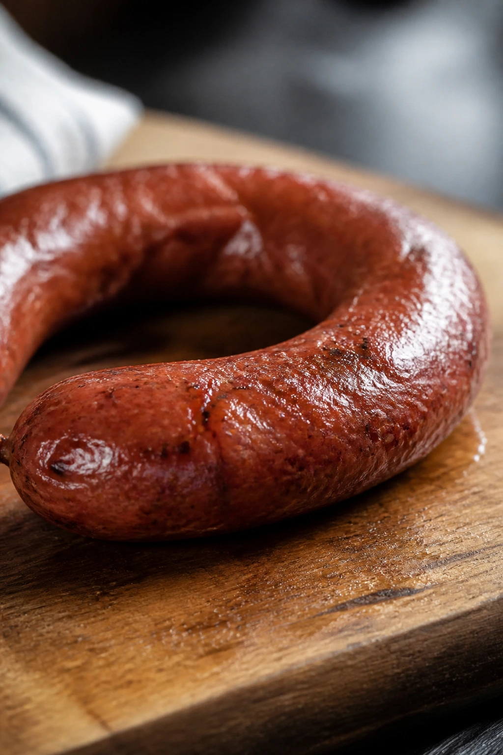 Smoked sausage resting on a warm cutting board in a kitchen setting.