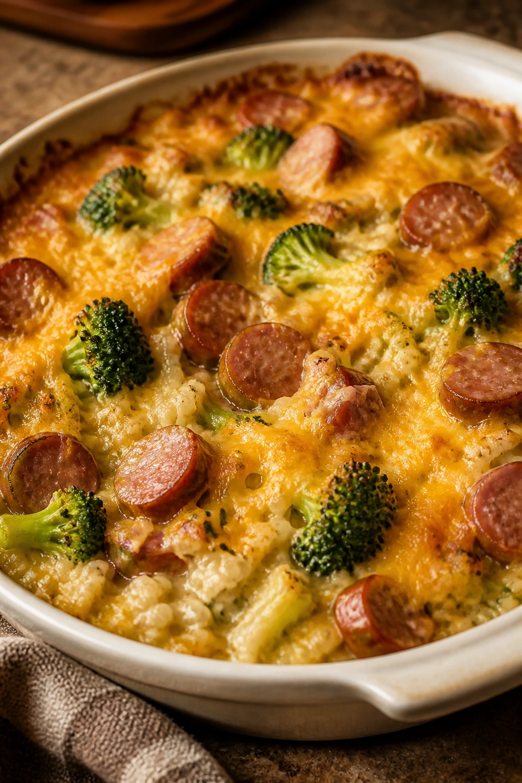 Rice bake with sausage and broccoli in a baking dish
