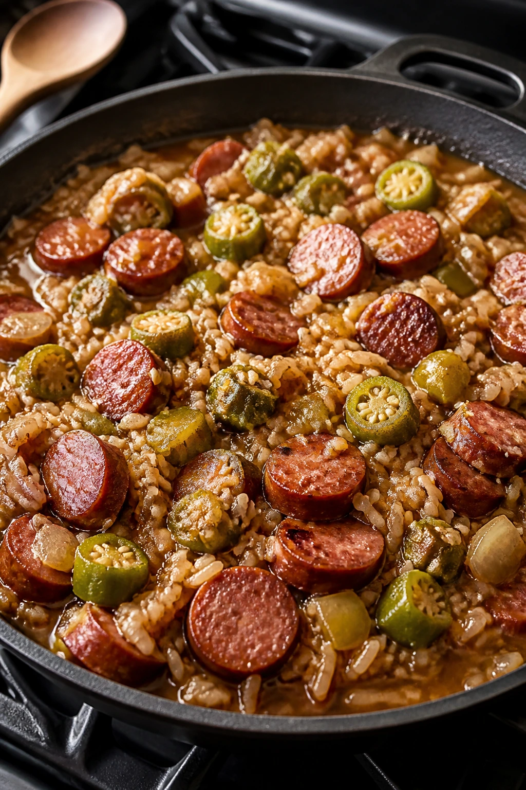 Gumbo-style rice skillet with smoked sausage and okra