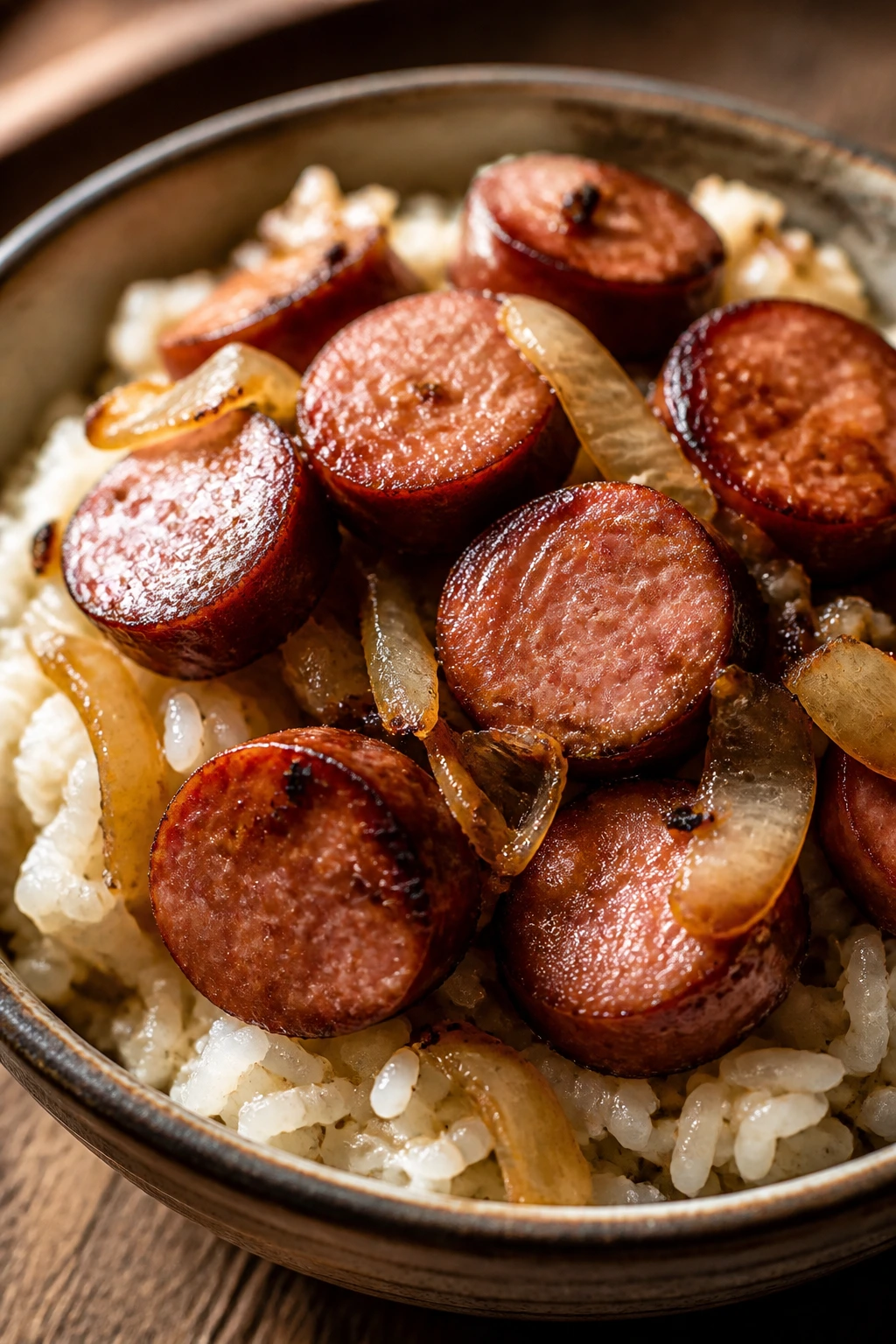 Close-up of smoked sausage on rice with onions in a rustic bowl