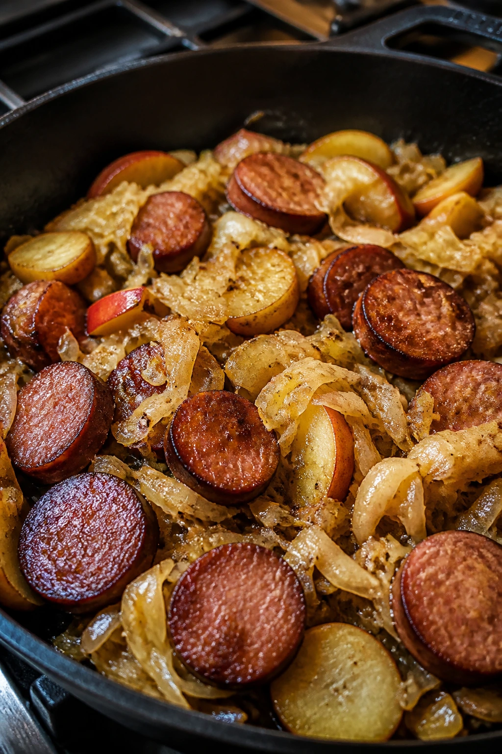 Close-up of smoked sausage sauerkraut skillet with apples and onions