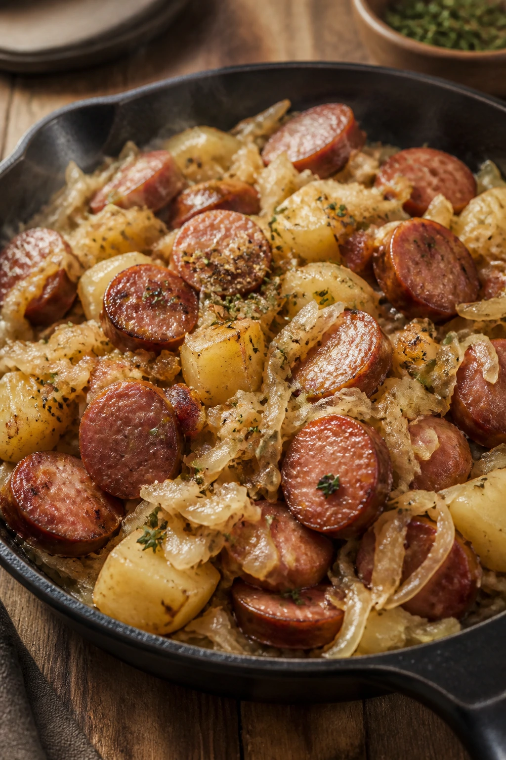 Close-up of smoked sausage with sauerkraut and potatoes in a skillet
