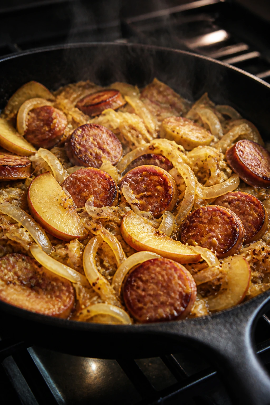 Close-up of smoked sausage sauerkraut skillet with onions and apple