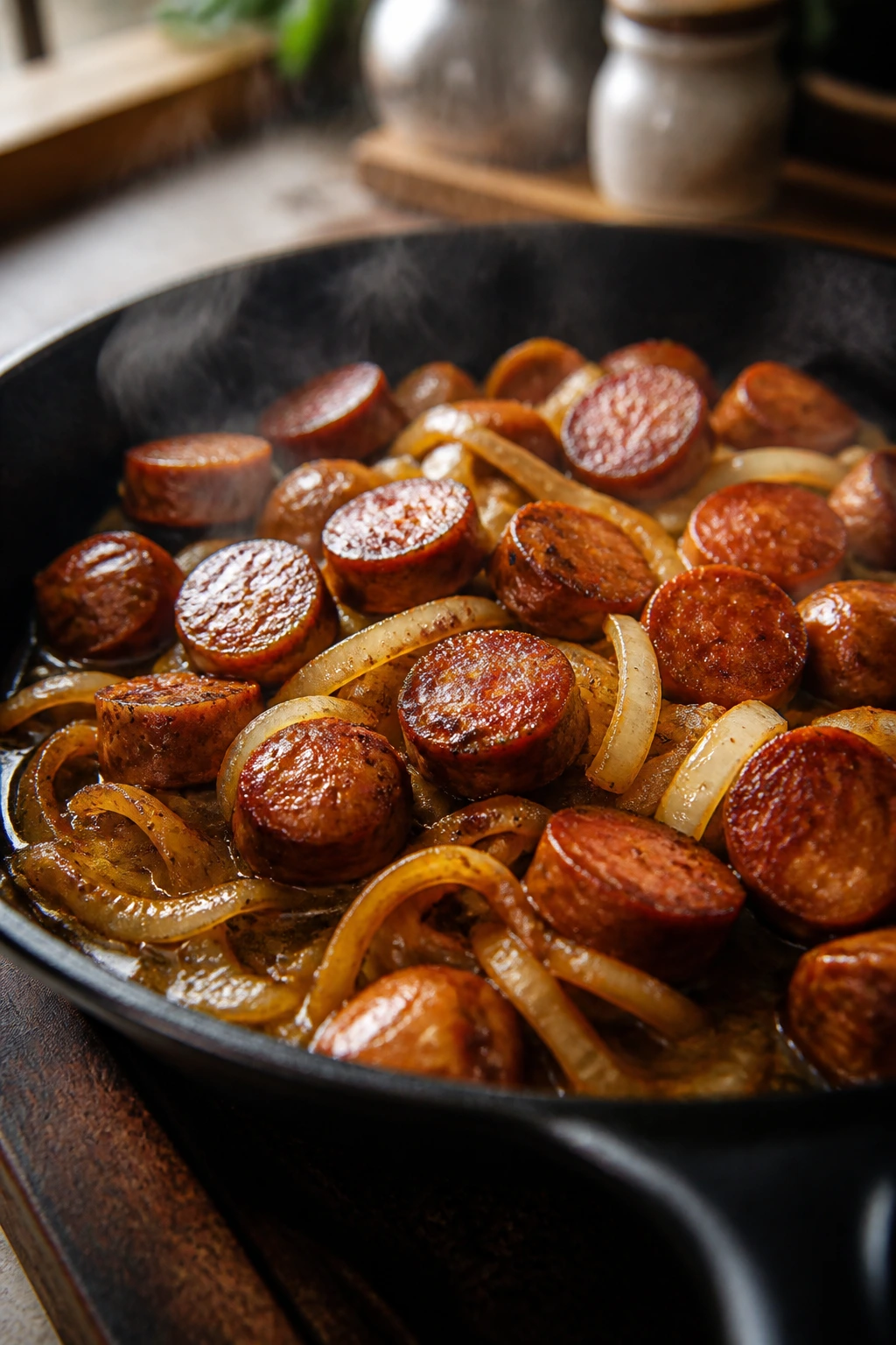 Sizzling smoked sausage in cast iron skillet with onions
