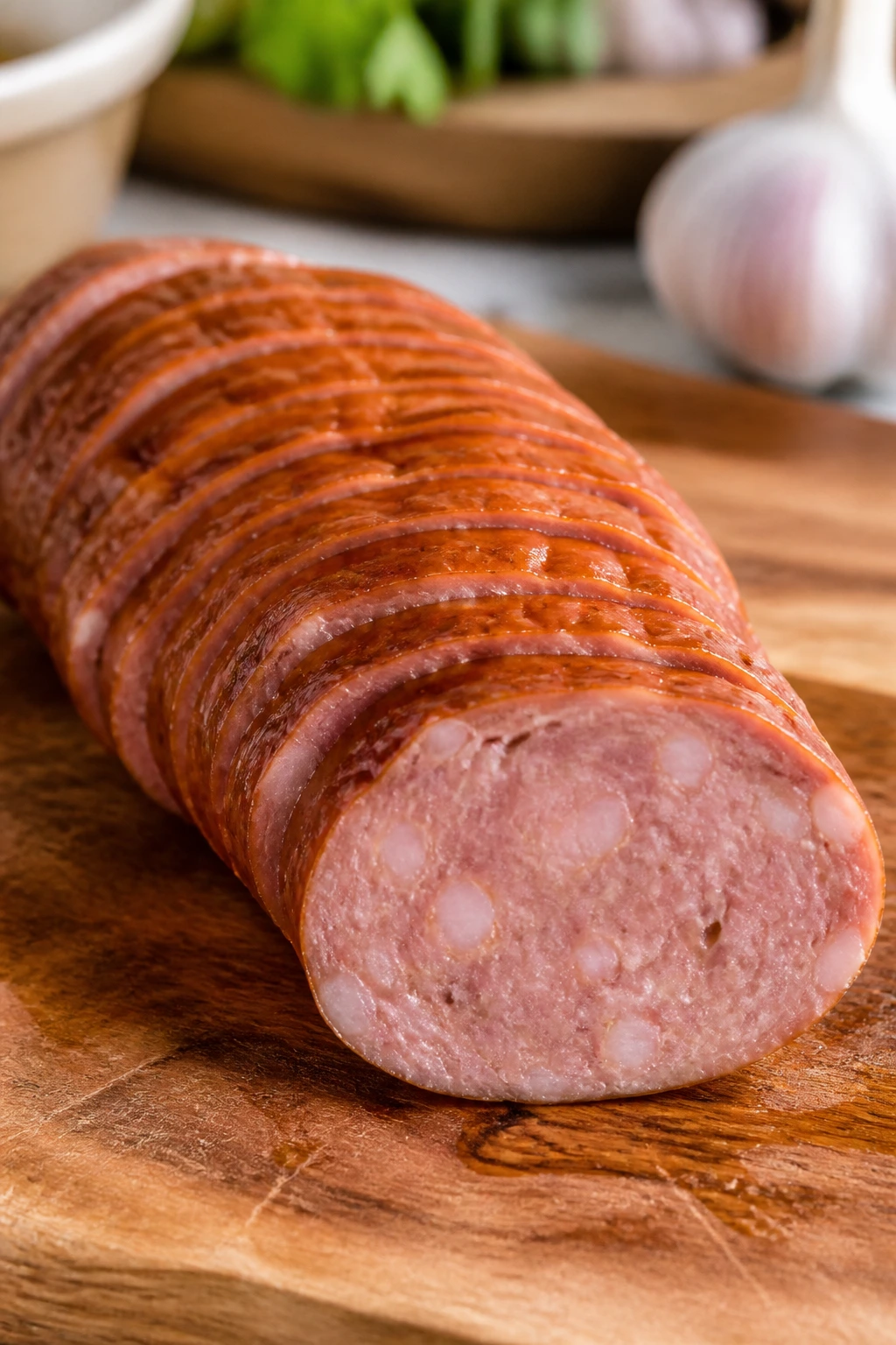 Close-up of smoked sausage slice on cutting board in bright kitchen light