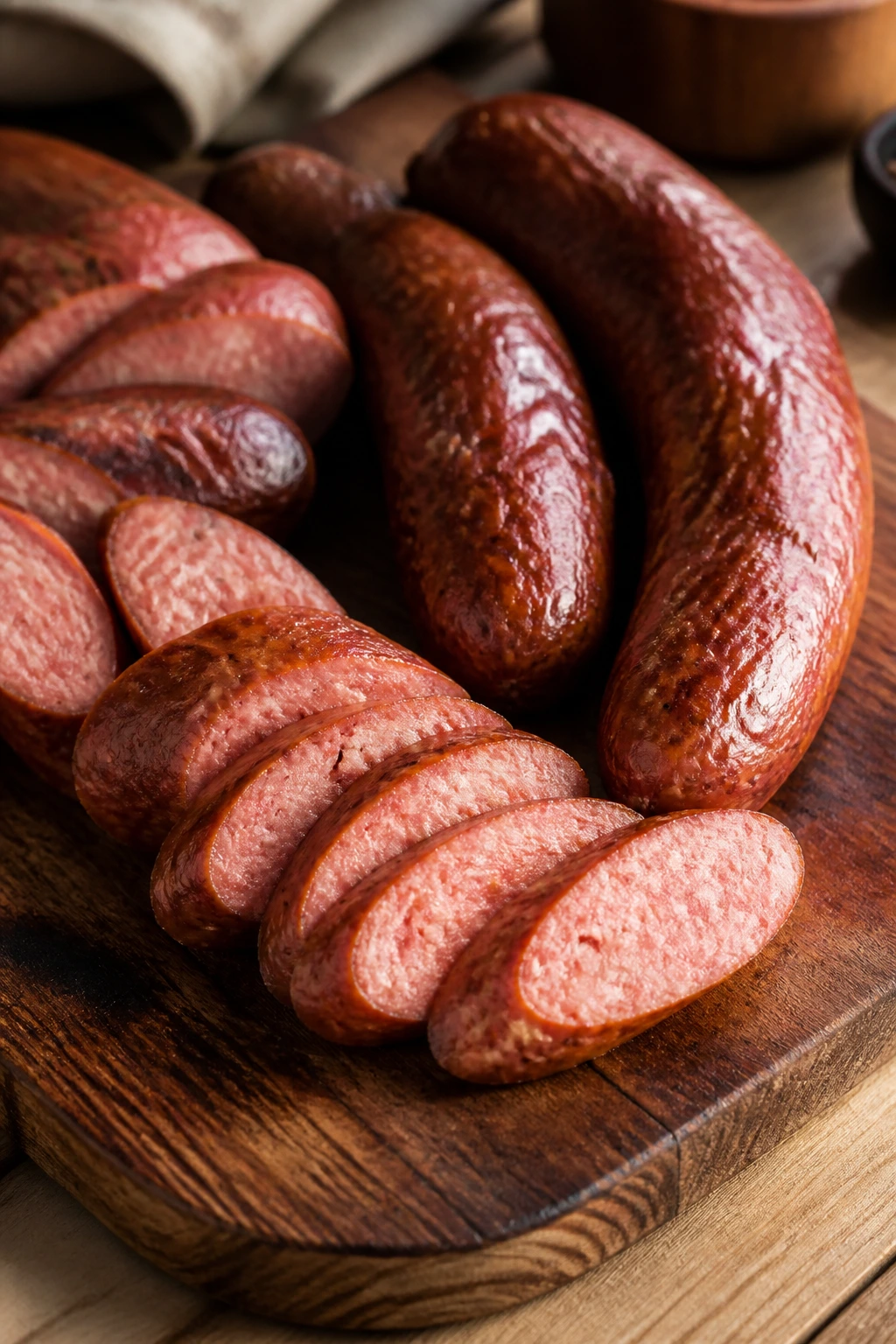 Sausage board with whole and bias-sliced smoked sausages arranged on a rustic cutting board.