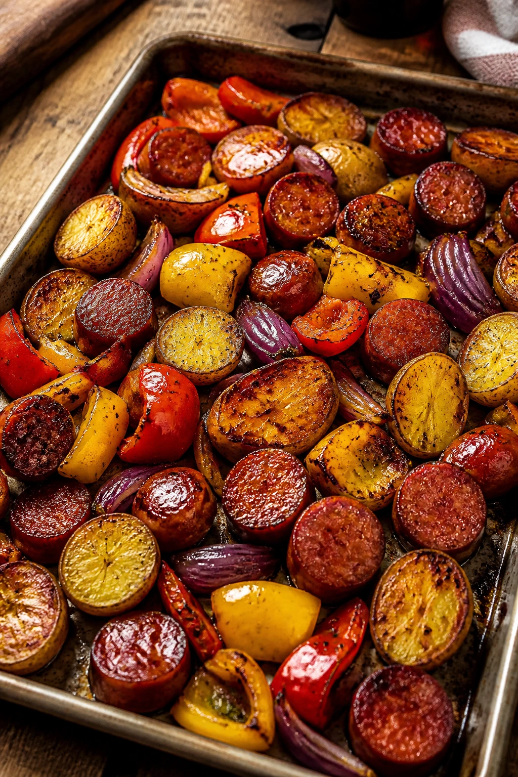 Close-up of a glazed smoked sausage sheet-pan with potatoes, peppers, and onions in a warm kitchen