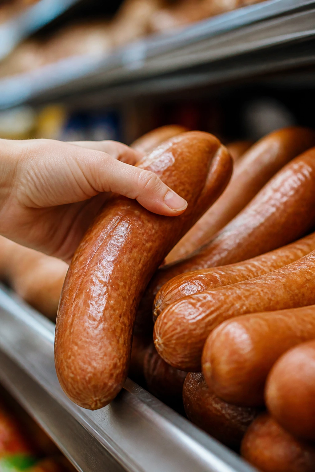 Hand selecting an unlabelled smoked sausage in a grocery store