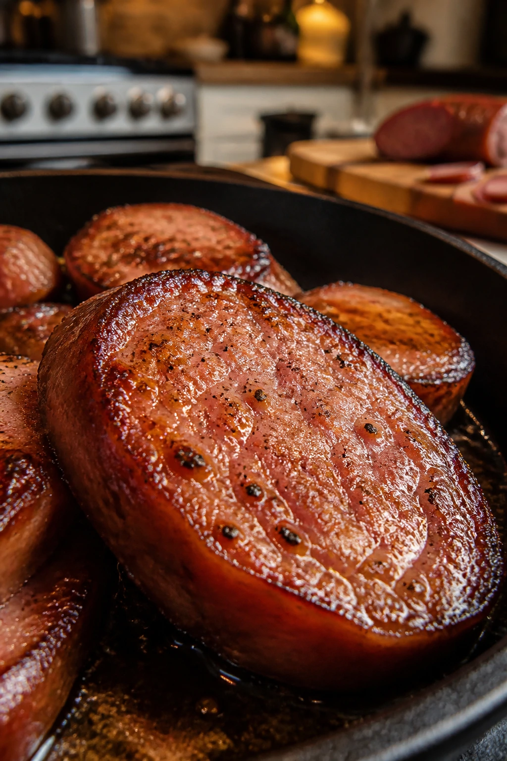 Close-up of smoked sausage slice in a pan