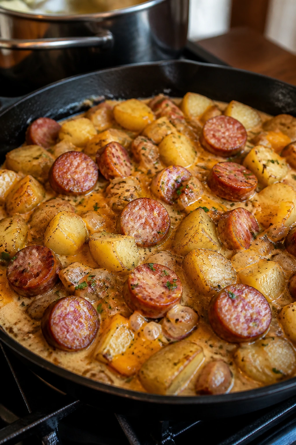 Close-up of creamy smoked sausage and potatoes skillet.