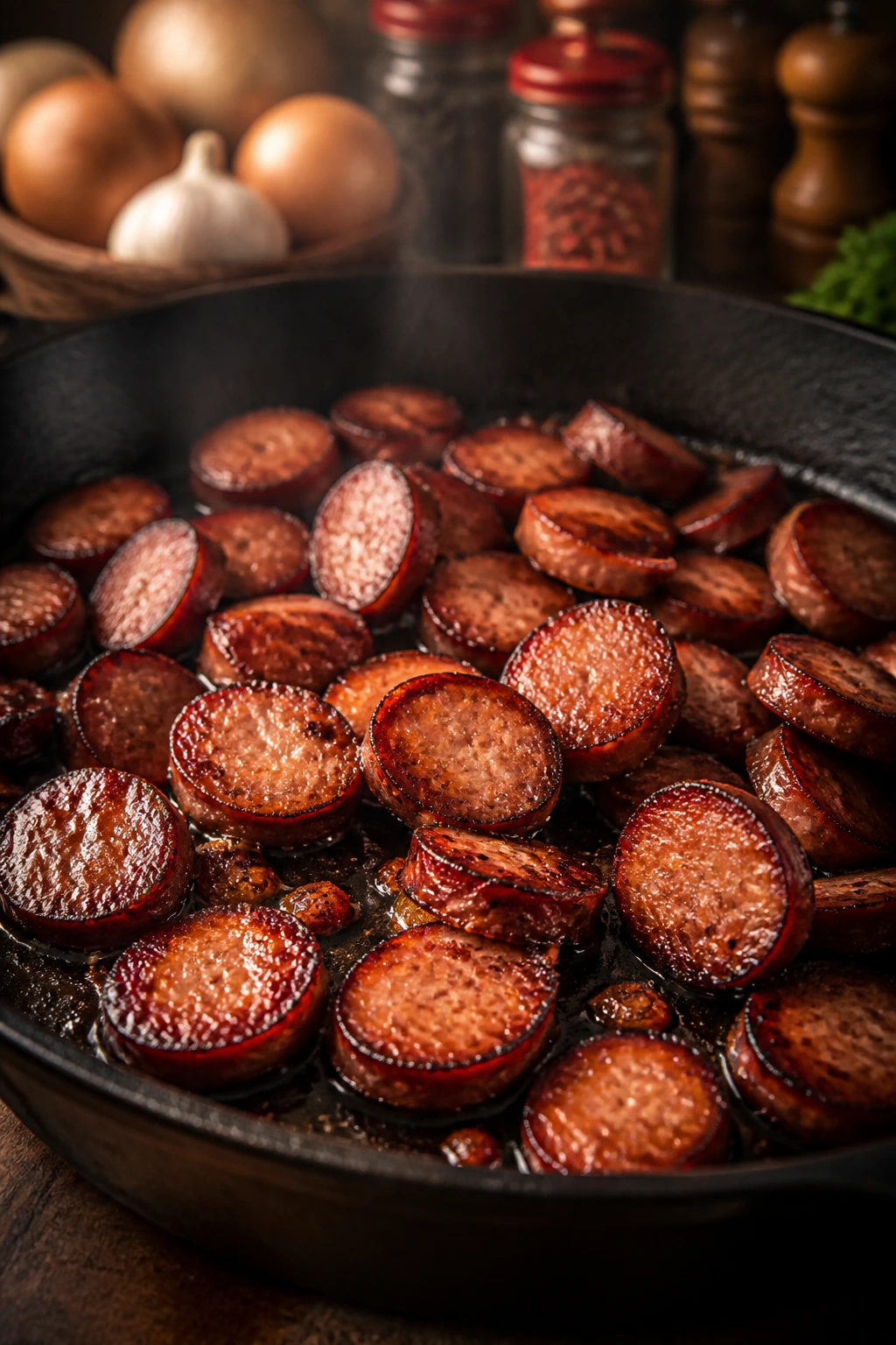 Close-up of smoked sausage browning in a skillet with caramelized edges.