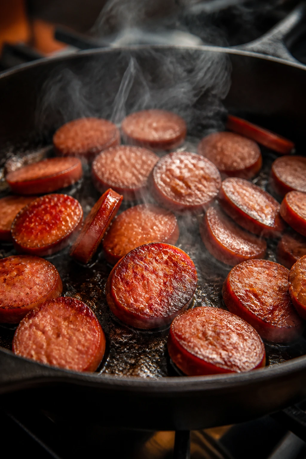 Close-up of browned smoked sausage slices browning in a cast-iron skillet on a warm home stove