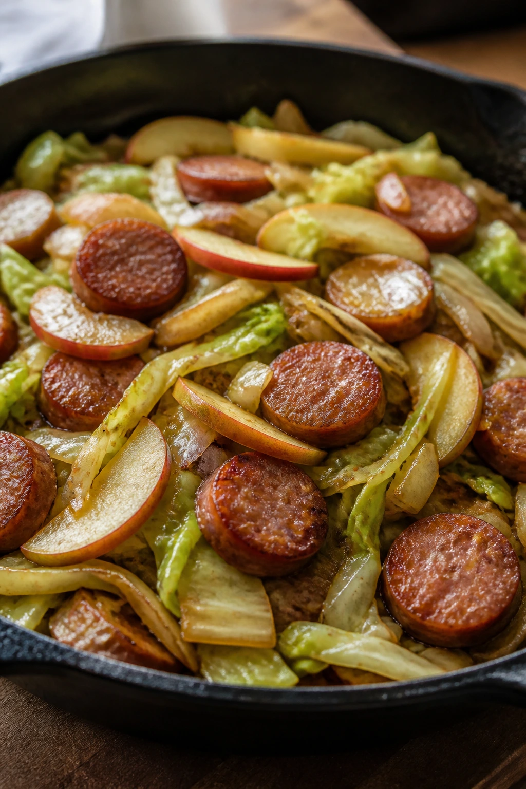Close-up of sausage cabbage and apple skillet in a cozy kitchen.