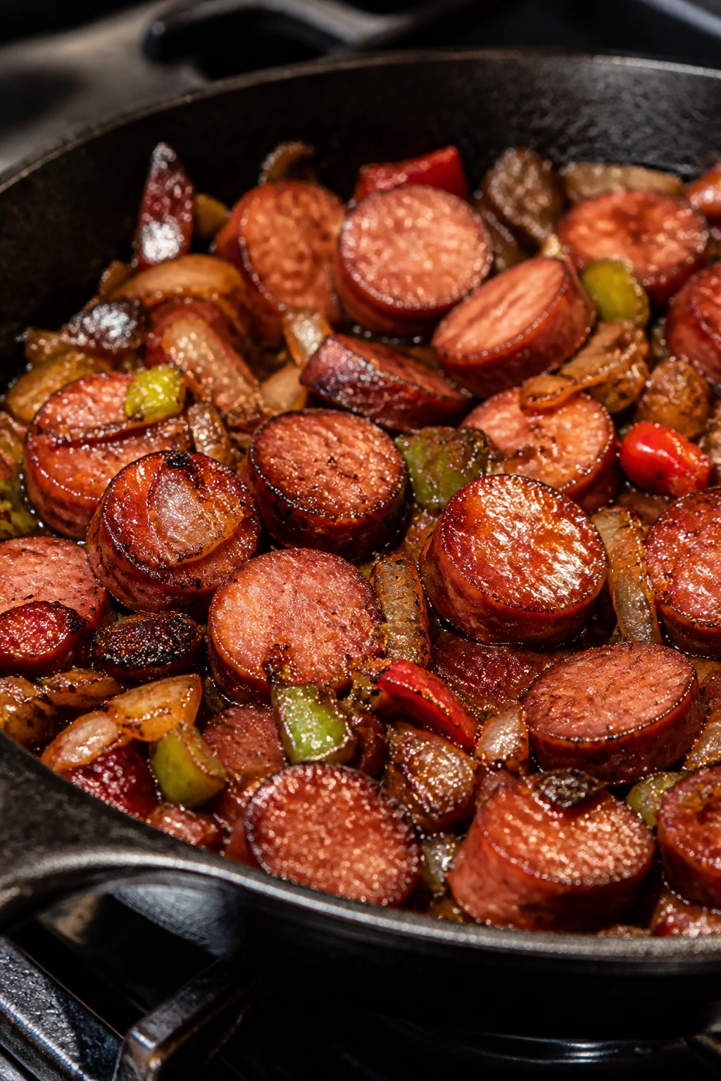 Sliced smoked sausage coins browning with caramelized edges