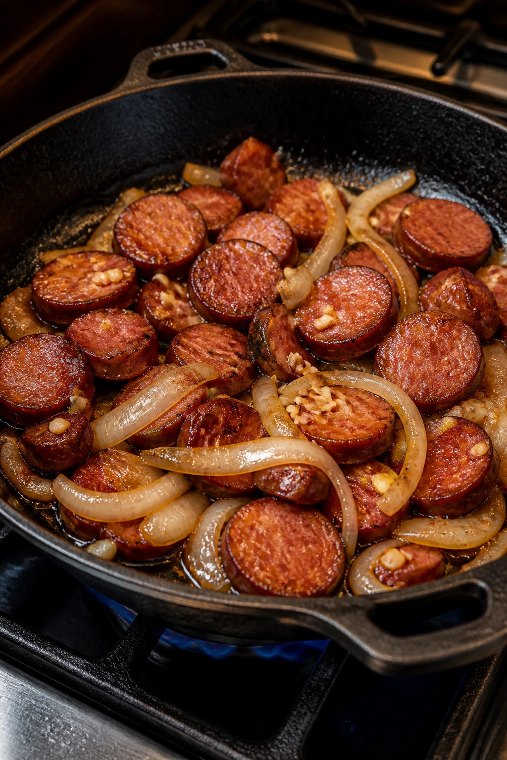 Skillet with sausage coins, onions, and garlic in oil