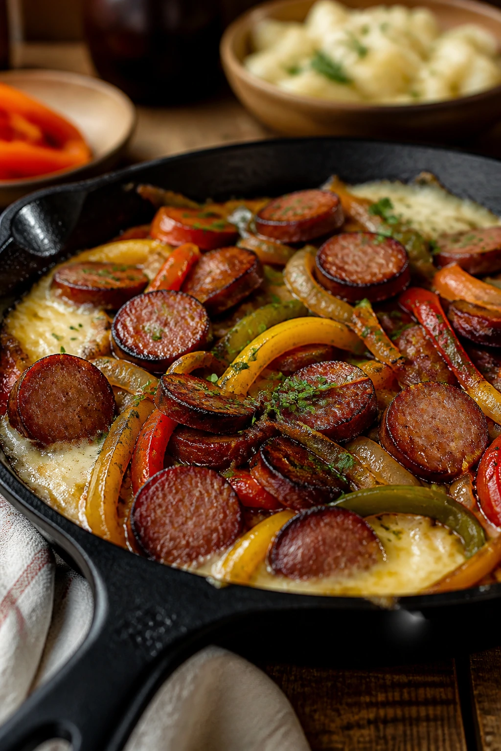 Rustic skillet of smoked sausage with peppers filling the frame.