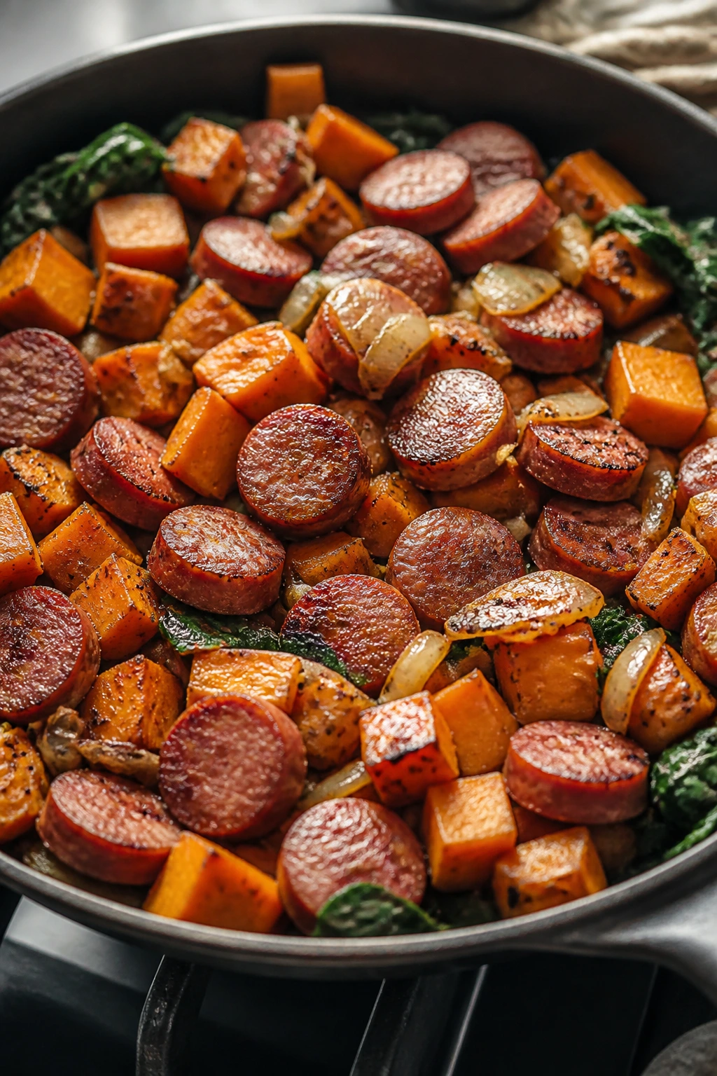 Close-up of smoked sausage with sweet potatoes in a skillet on a stove