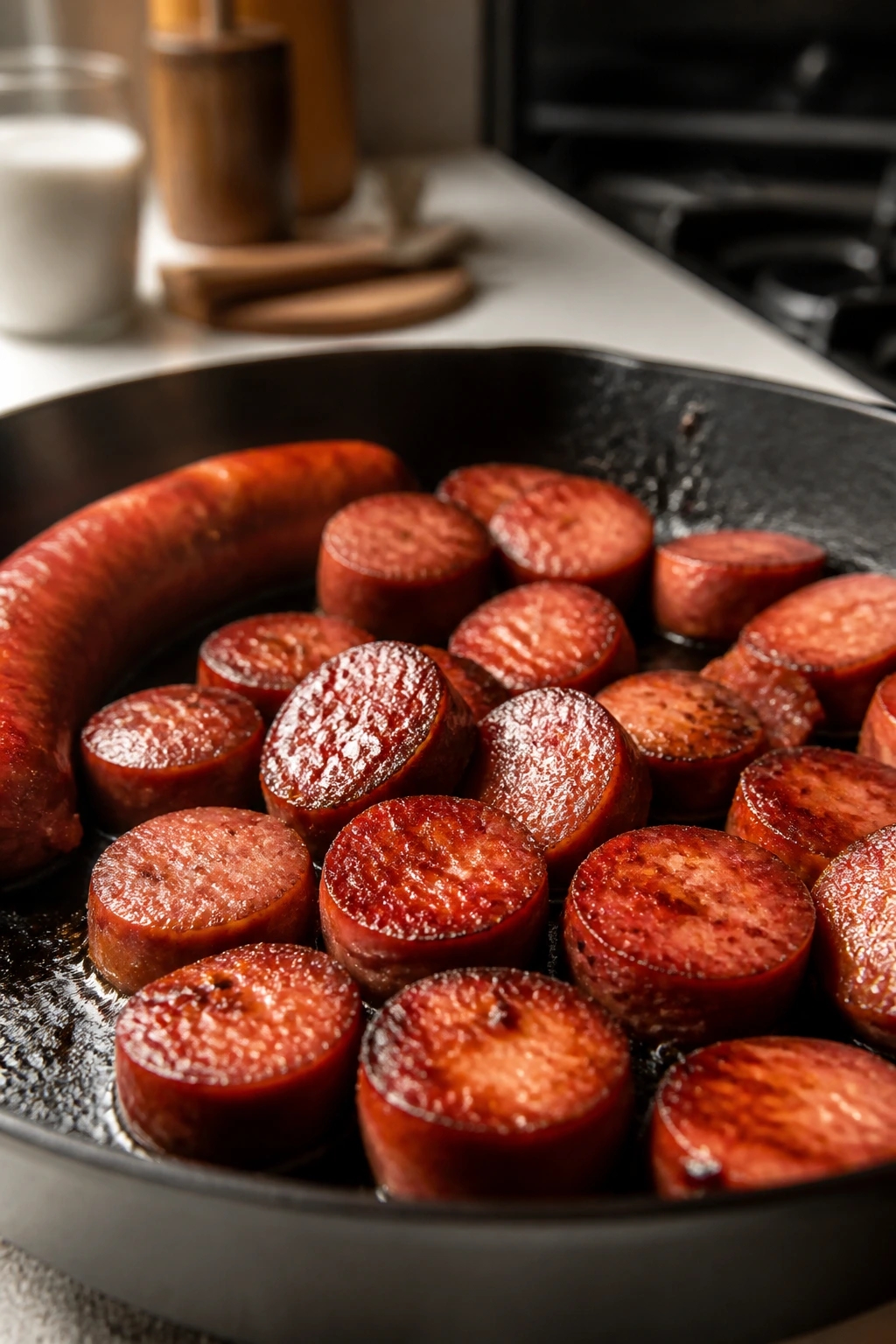 Close-up of browning smoked sausage coins in a skillet