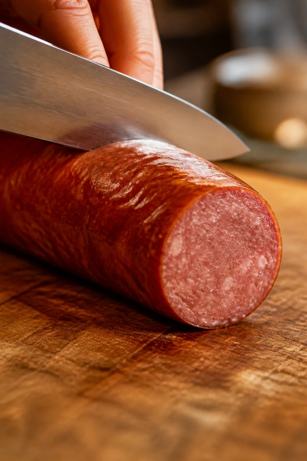 Close-up of smoked sausage on a cutting board with a knife ready to slice