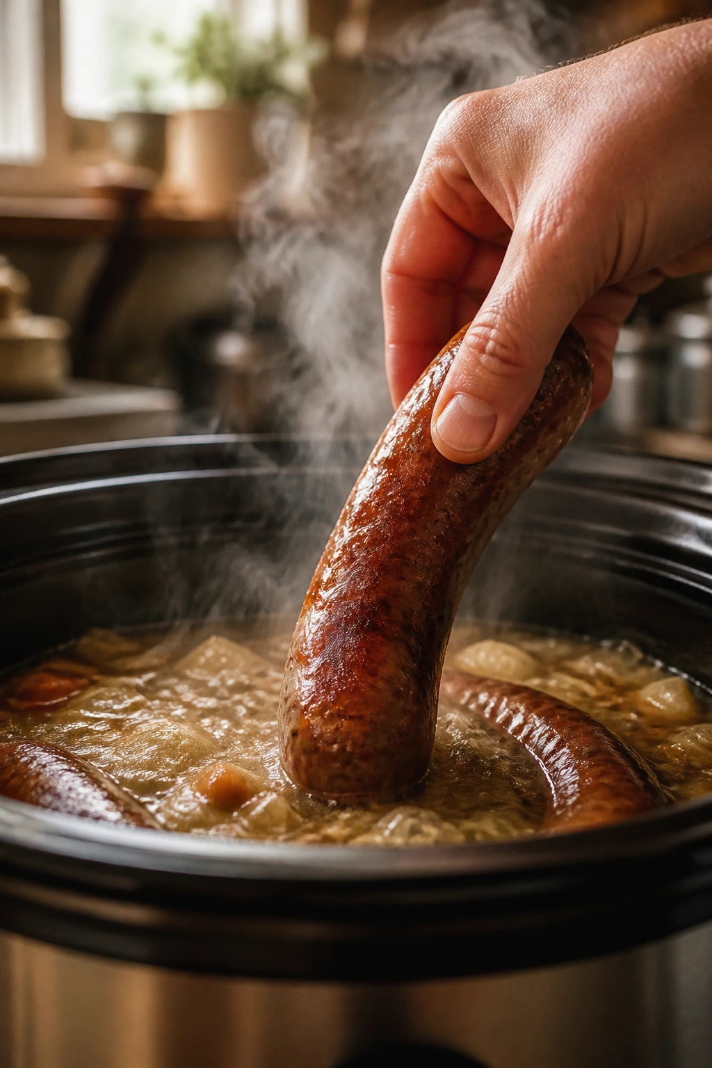Close-up of browned smoked sausage being added to a slow cooker in a rustic kitchen