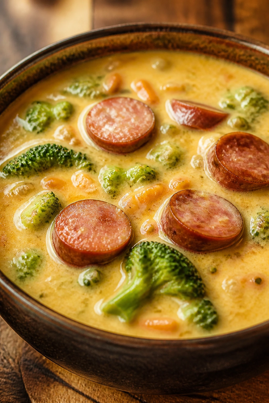 Close-up of a steaming bowl of sausage broccoli cheddar soup with broccoli and sausage
