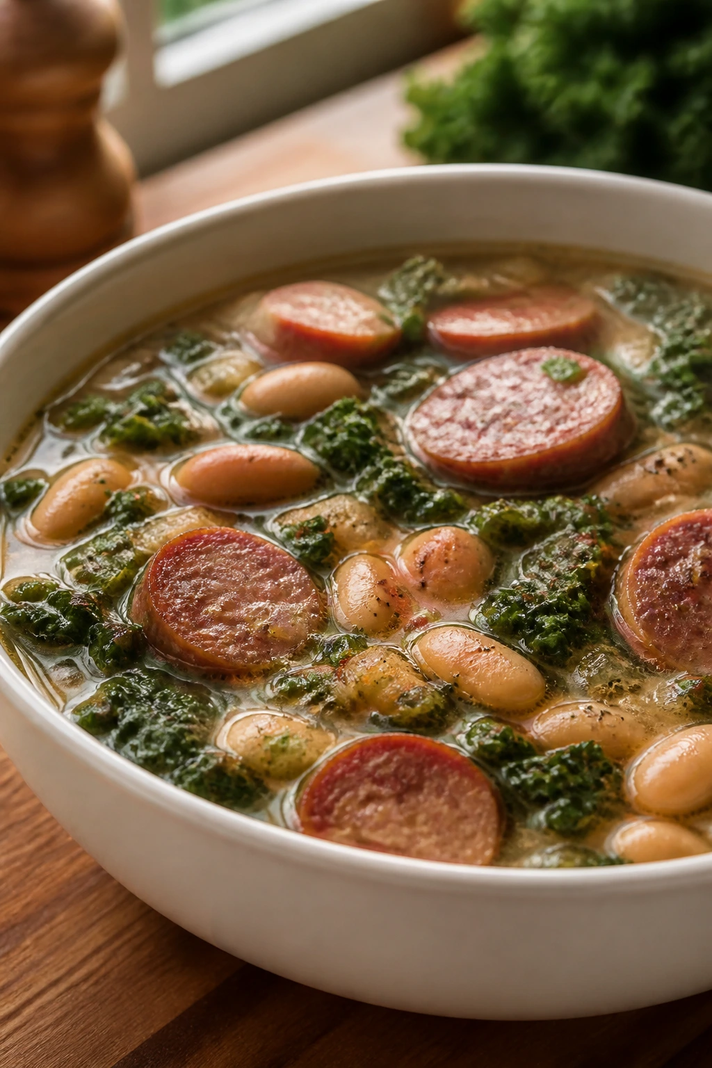 Steaming bowl of sausage white bean kale soup with sausage slices and greens