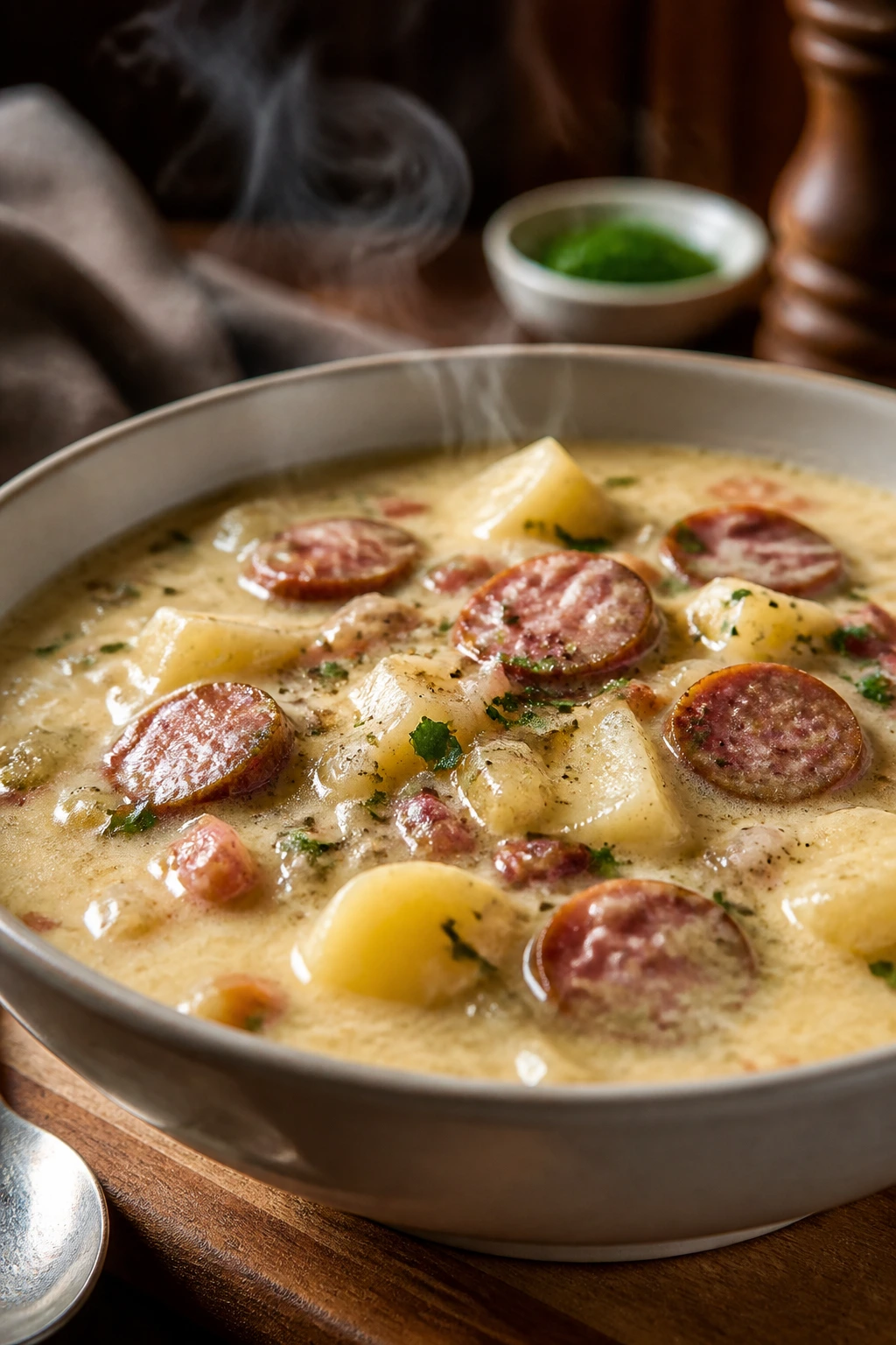 Creamy smoked sausage and potato soup in a bowl