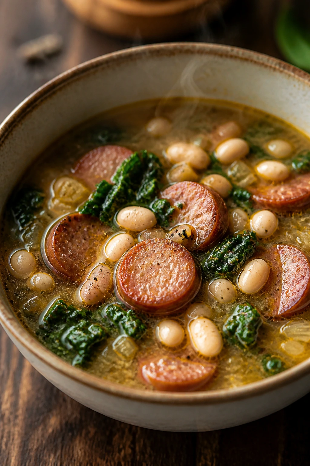 Hearty sausage and white bean soup in a rustic bowl