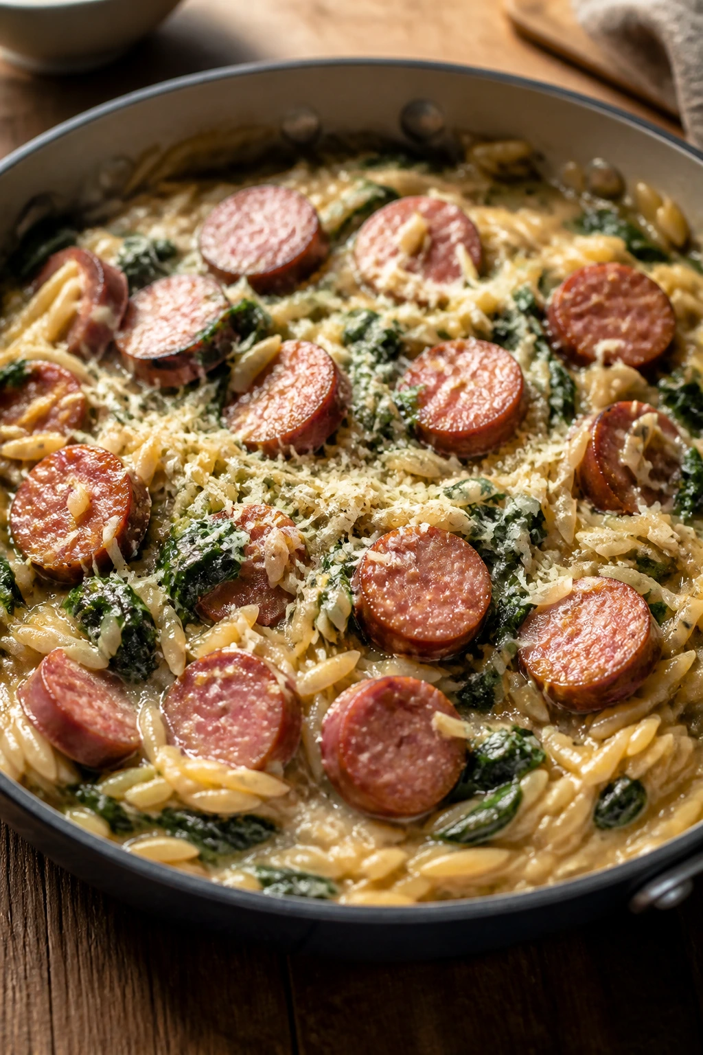 Creamy spinach orzo with smoked sausage and Parmesan.