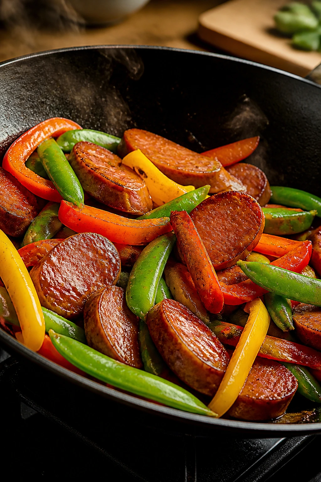 Close-up of sausage stir-fry with peppers and snap peas in a wok