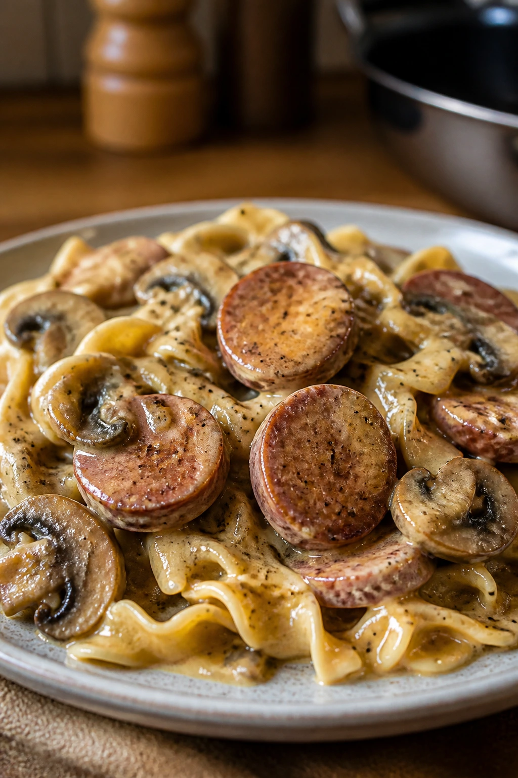 Creamy smoked sausage stroganoff with mushrooms on a plate
