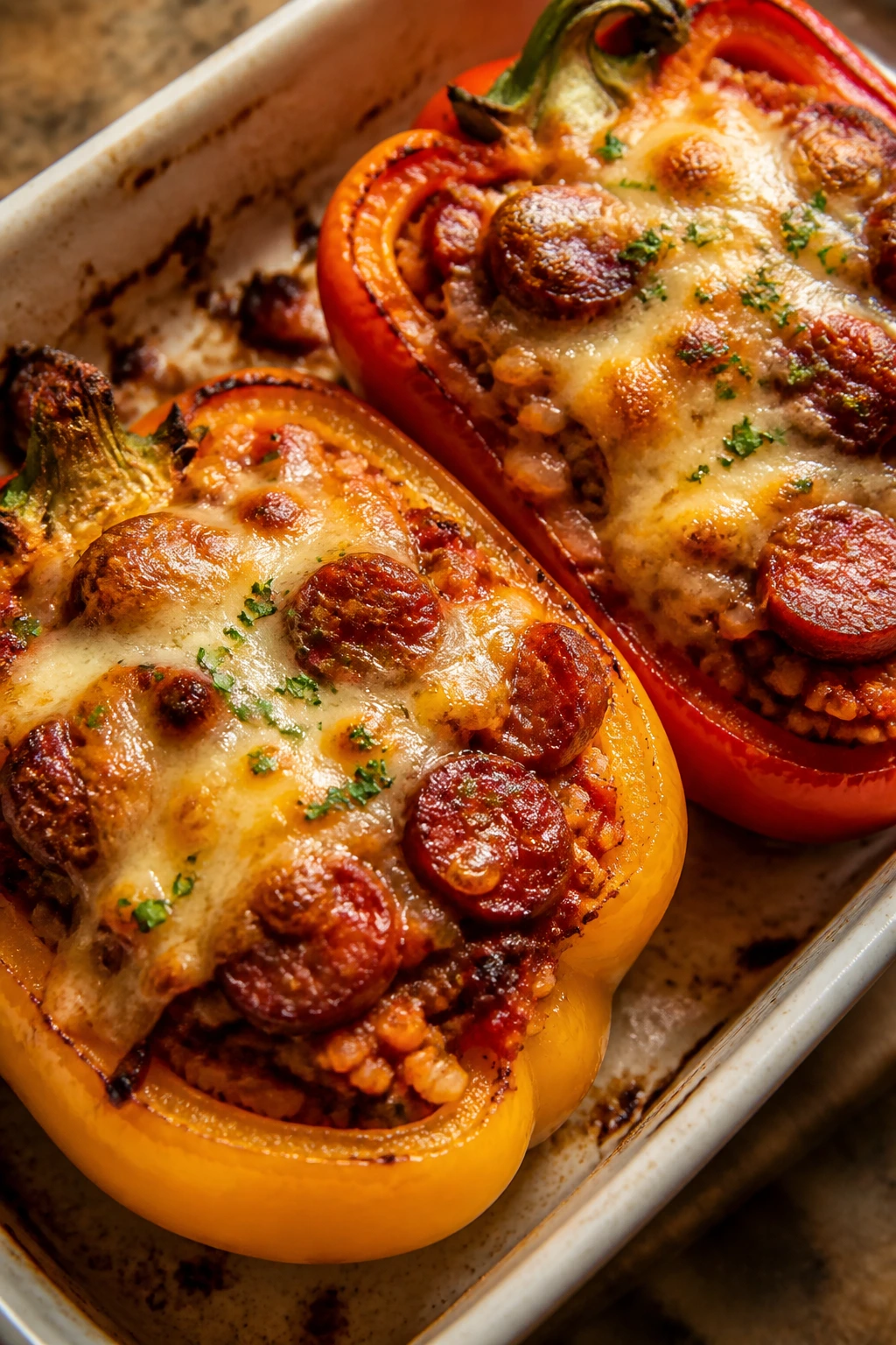 Close-up of stuffed peppers with sausage and rice