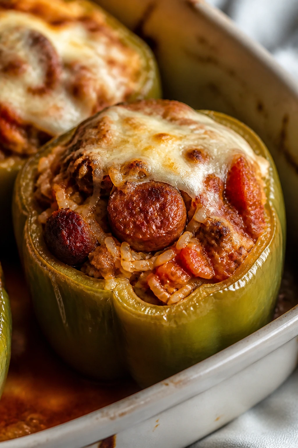 Close-up of a stuffed pepper with sausage filling