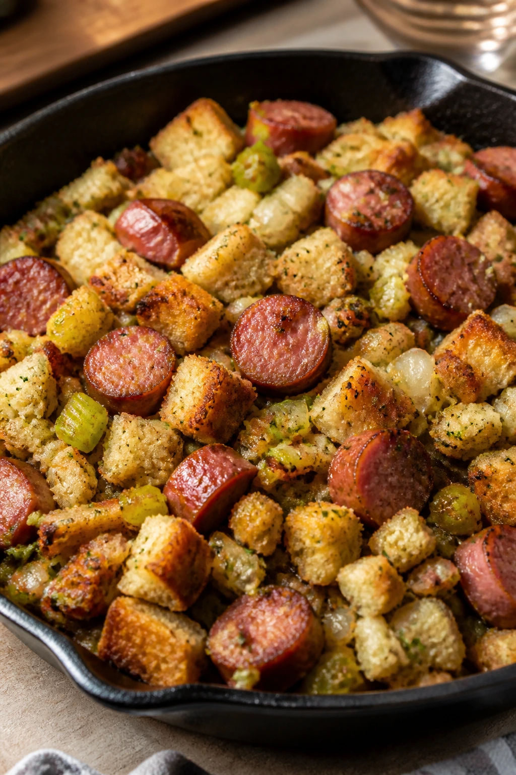Skillet stuffing with smoked sausage and vegetables.