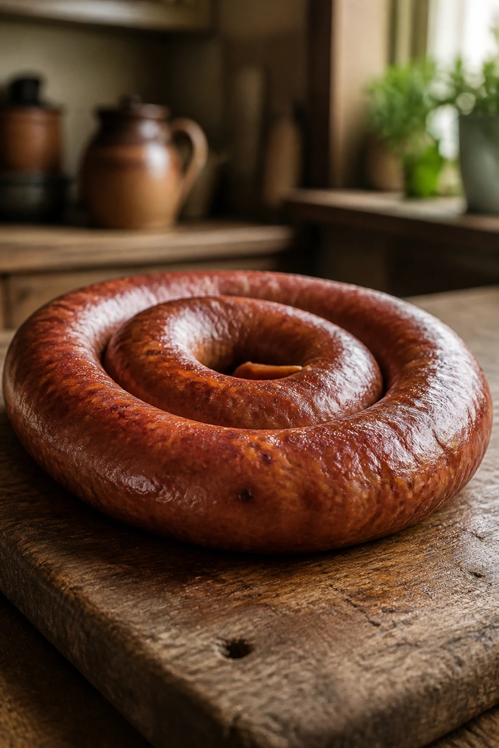 Smoked sausage on a wooden board in warm kitchen light