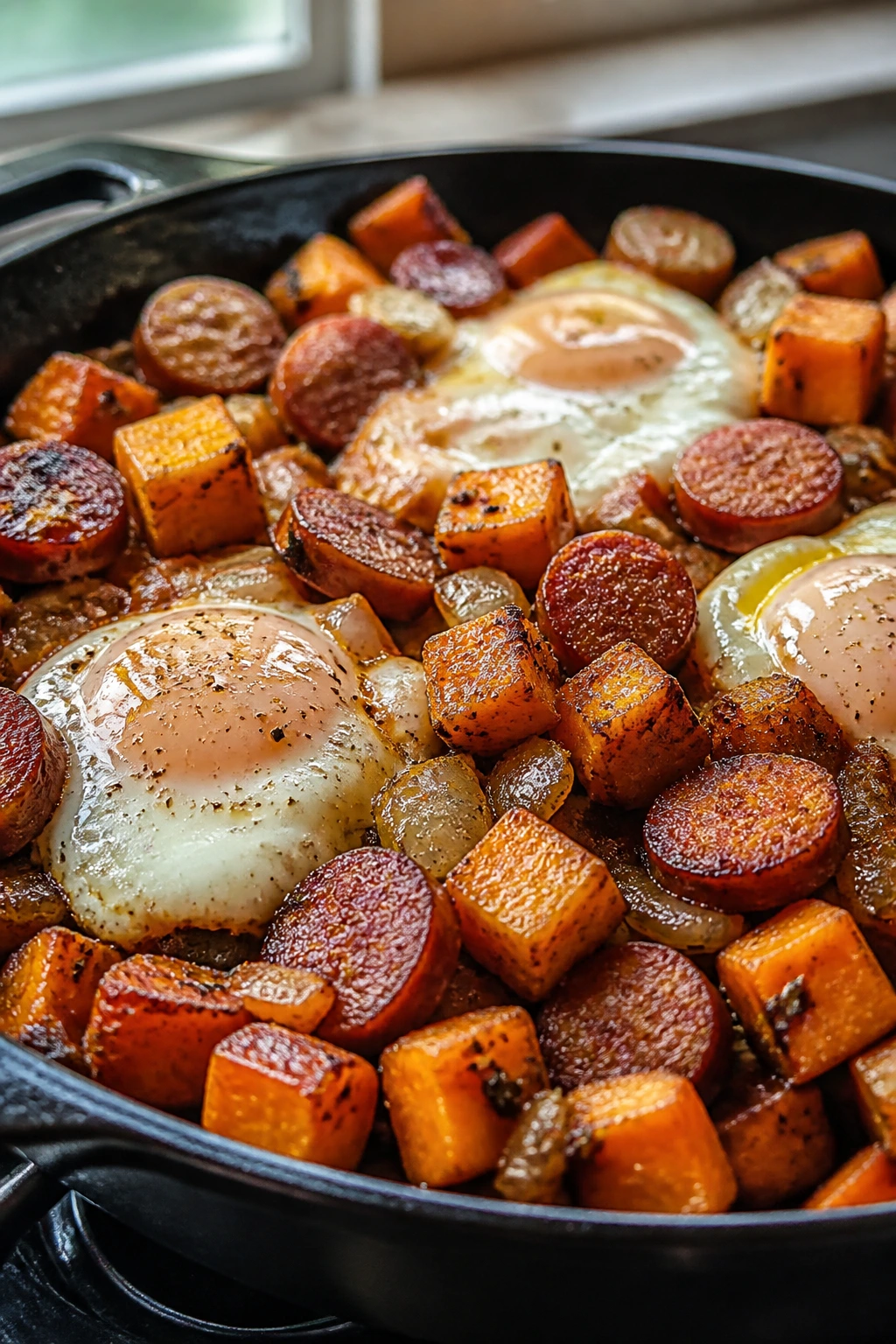 Hash with smoked sausage, sweet potatoes, and eggs in skillet