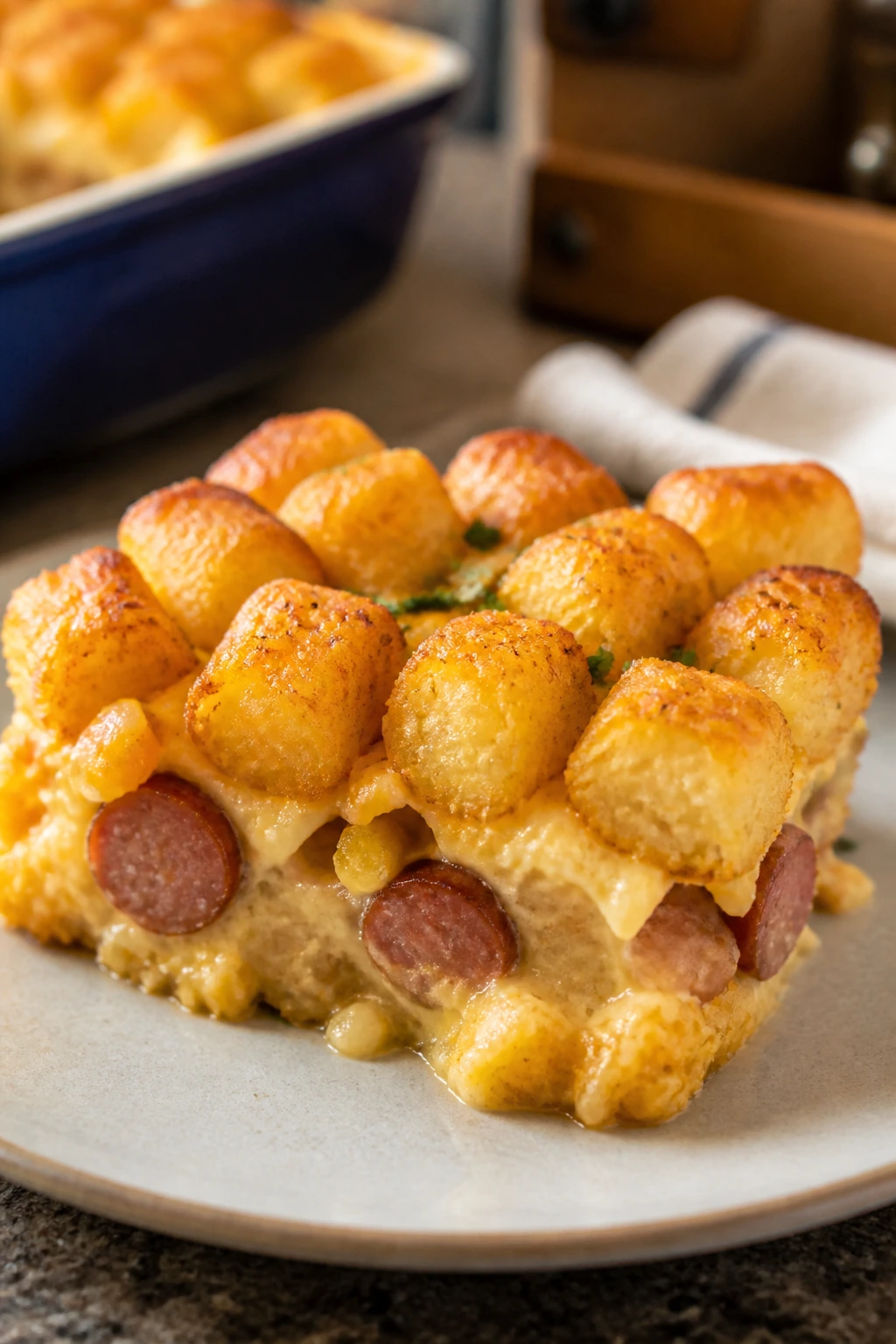 Plate of smoked sausage tater tot casserole