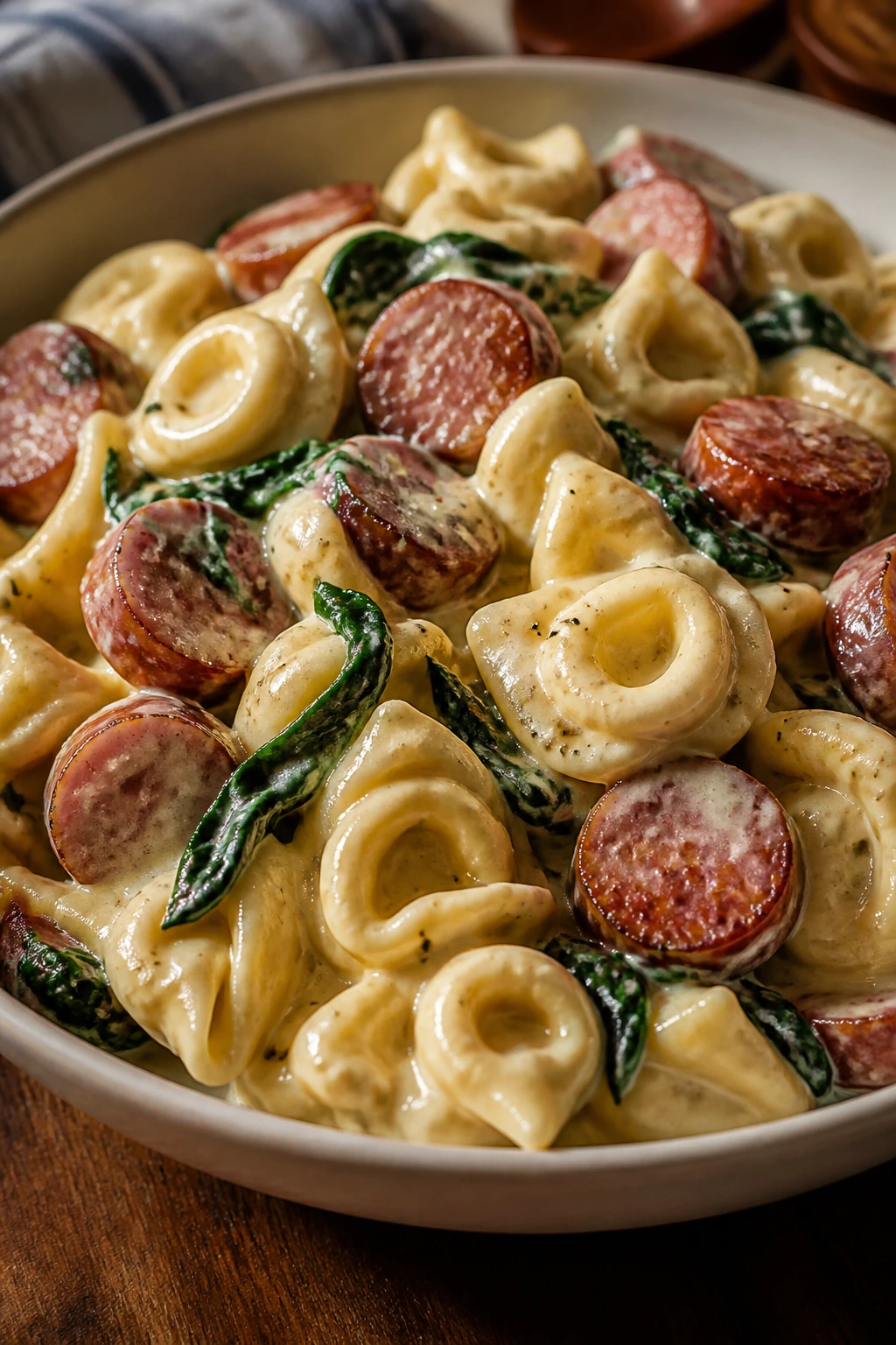 Creamy tortellini Alfredo with sausage on a plate