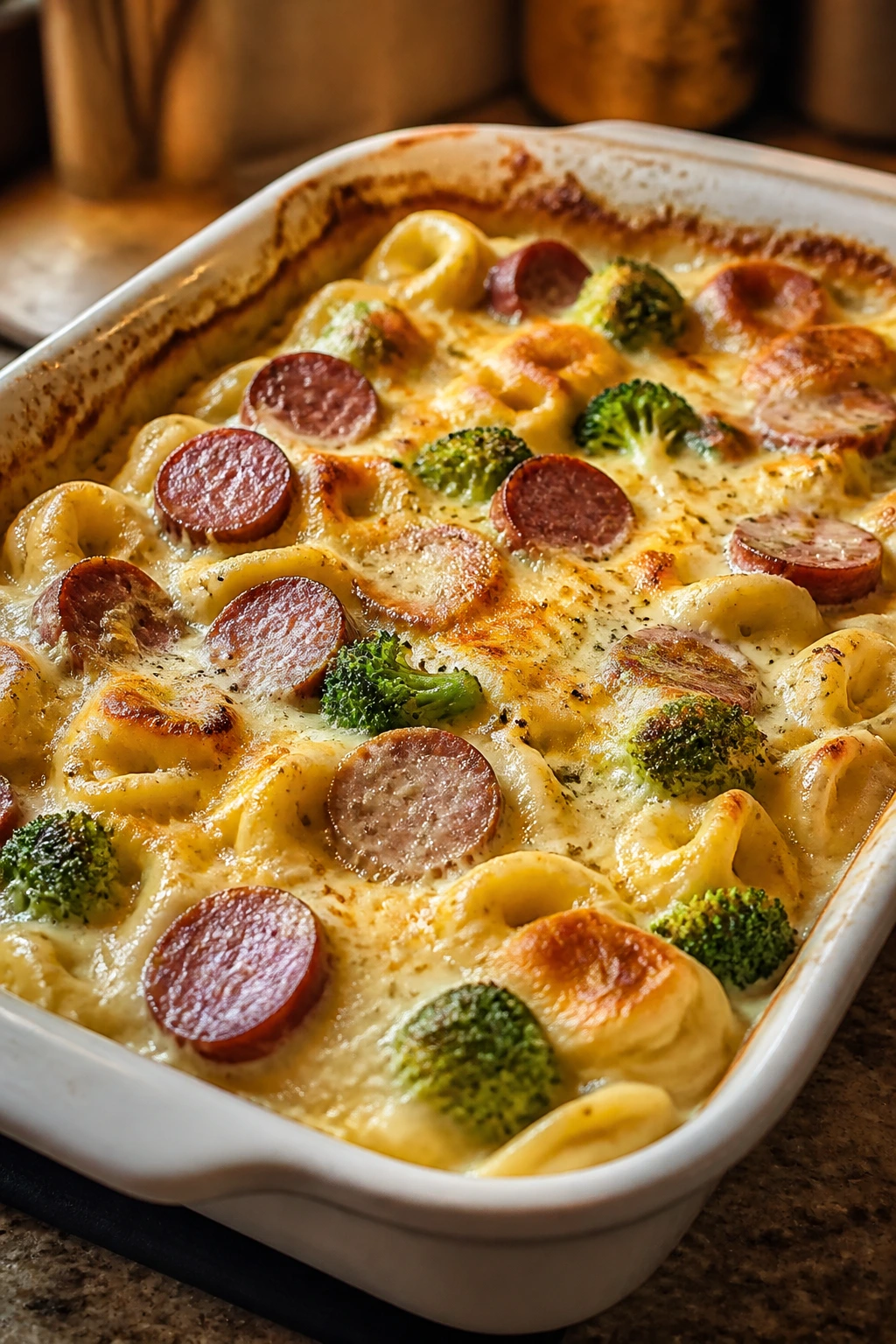 Bubbling smoked sausage alfredo tortellini bake in baking dish