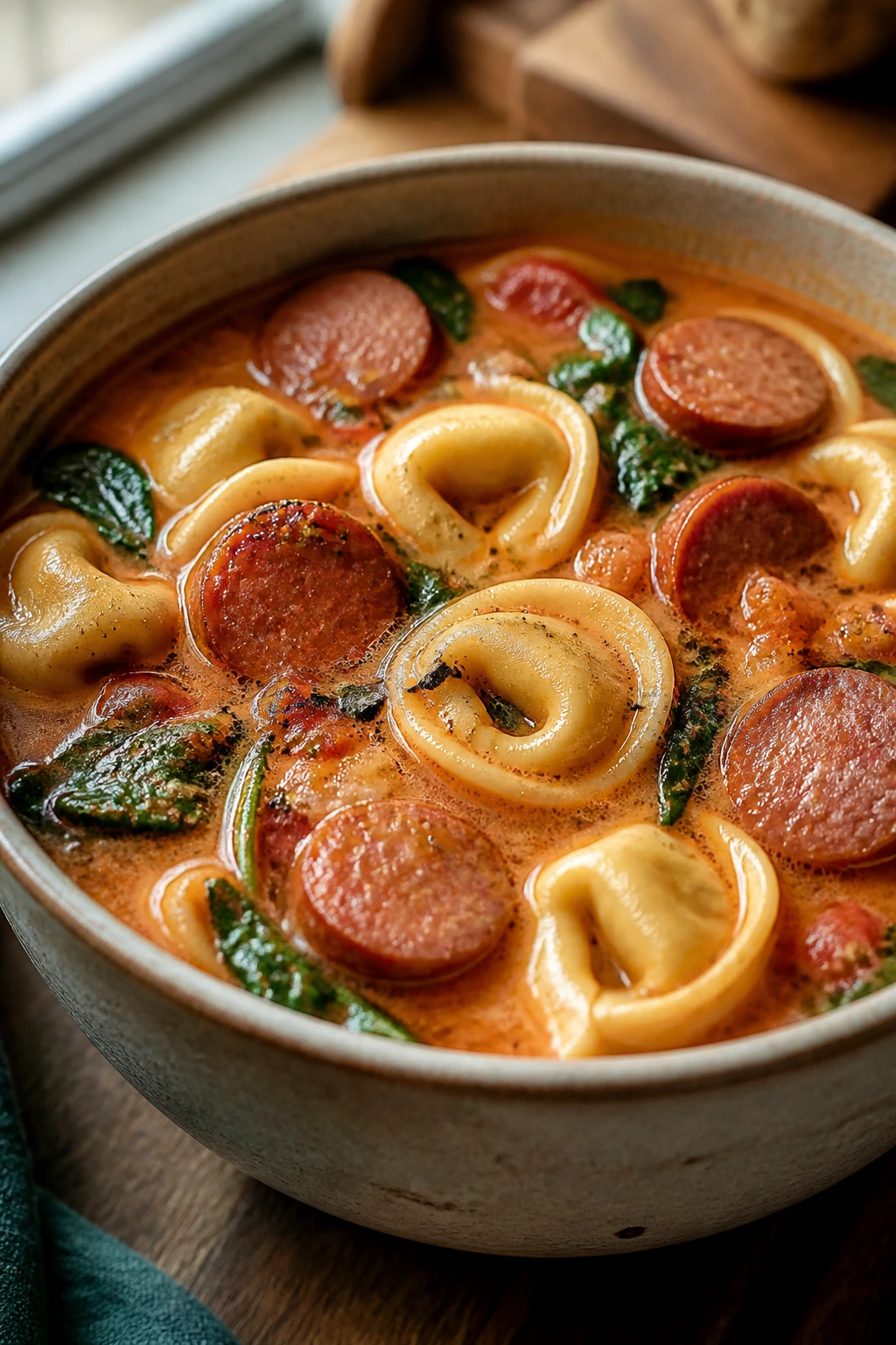 Close-up of steaming smoked sausage tortellini soup with spinach in creamy broth
