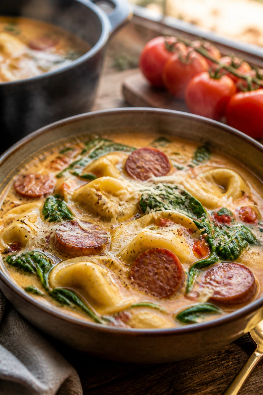 Close-up of smoked sausage tortellini soup with spinach and Parmesan in a bowl