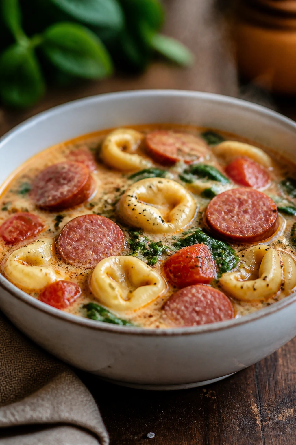 Close-up of creamy smoked sausage tortellini soup with spinach and tomatoes