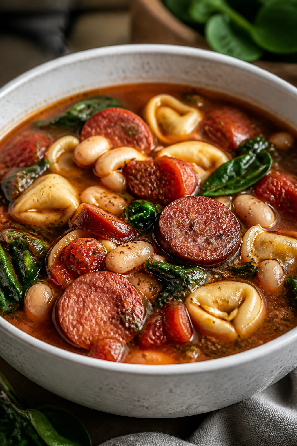 Steaming bowl of sausage tortellini soup with beans and spinach in a kitchen