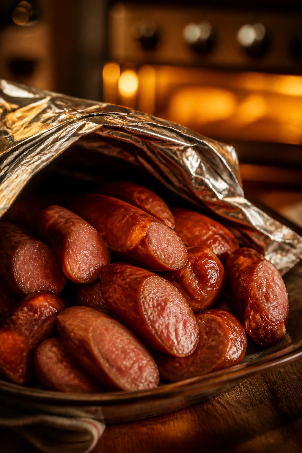 Close-up of smoked sausage held warm on a foil-tented platter in a cozy kitchen.