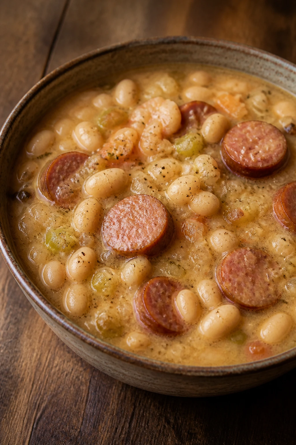 Bowl of smoky white bean chili with sausage
