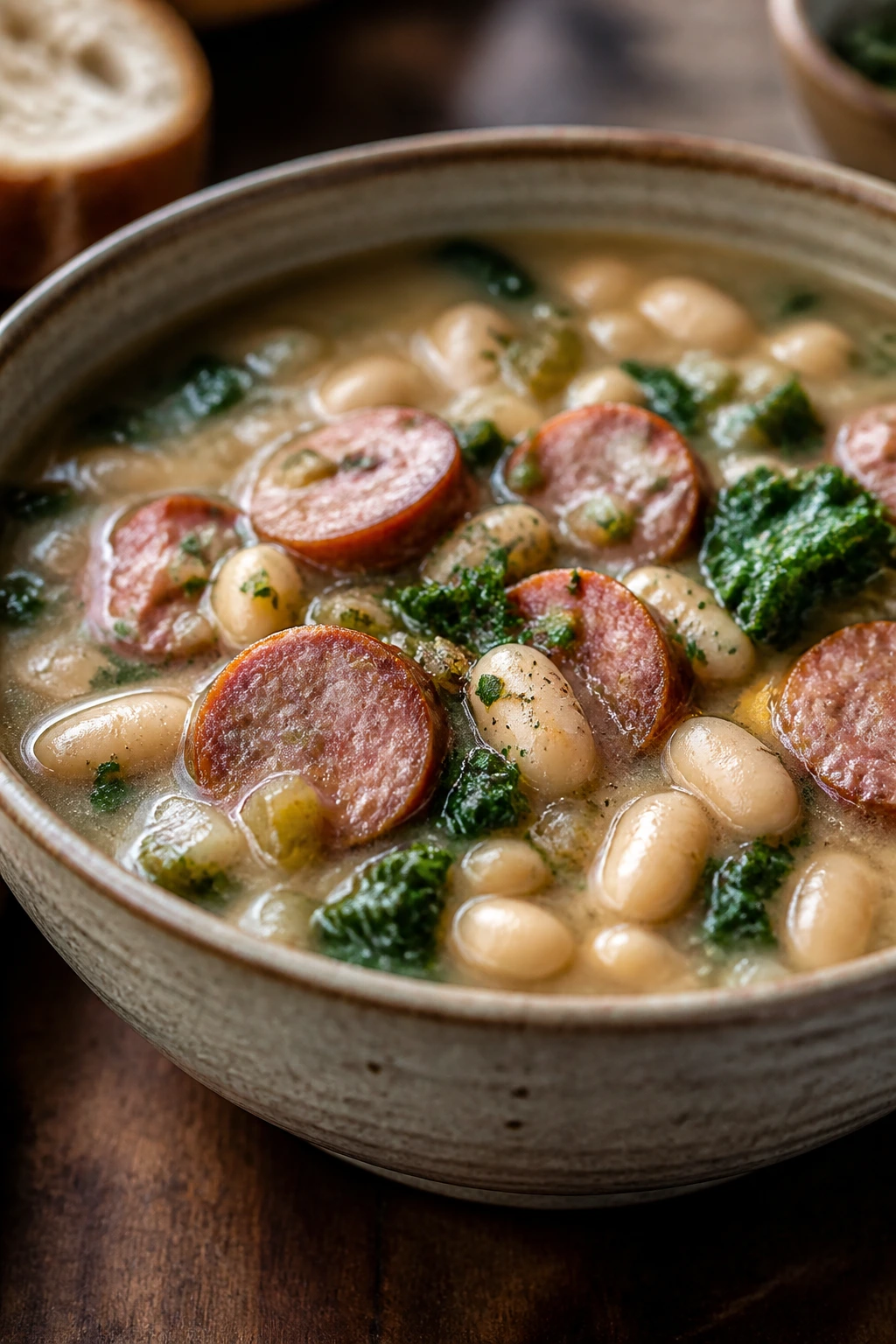 Creamy white bean soup with smoked sausage and greens in rustic bowl