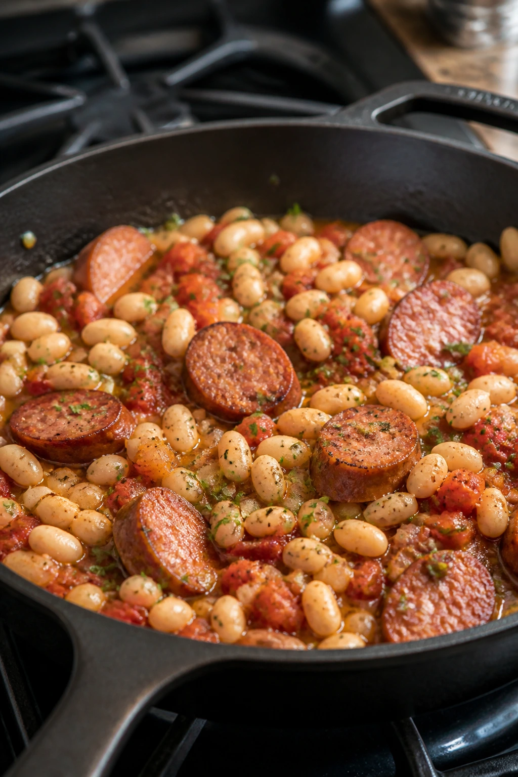 Skillet with smoked sausage, white beans, tomatoes and herbs