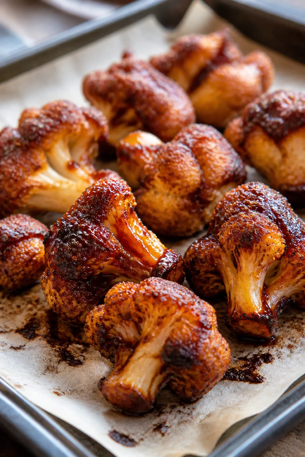 Cauliflower wings glazed with smoked tea BBQ sauce on sheet pan