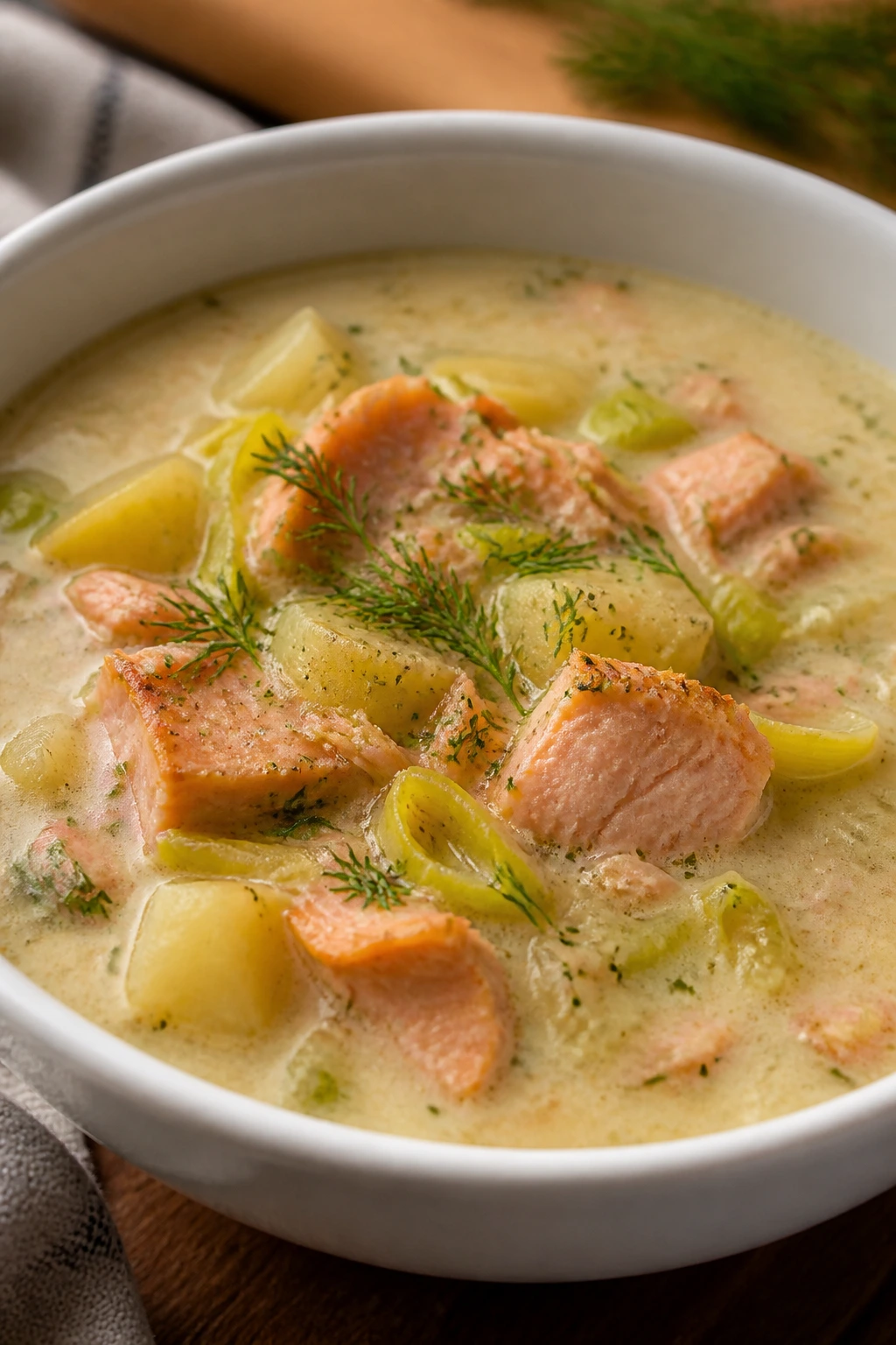 Creamy smoked trout chowder with potatoes and leeks in a bowl