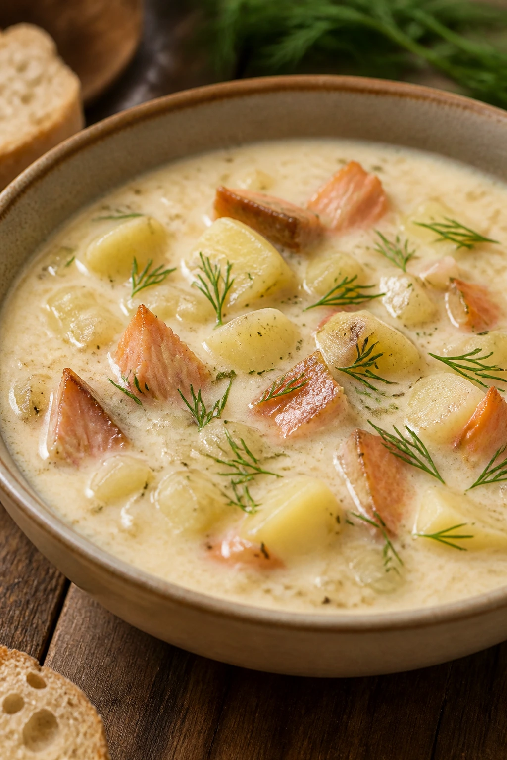 Creamy smoked trout and potato chowder with dill in a bowl